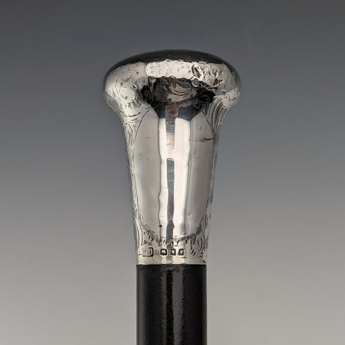 1922年 英国アンティーク 紳士用ステッキ 彫刻純銀 丸ハンドル ブラックシャフト 90cm TD